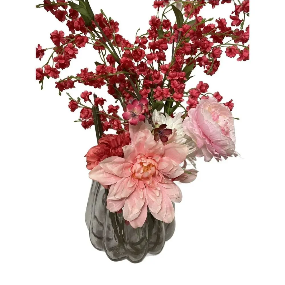 Elegant Large Clear Glass Ribbed Vase - Home Accents (8”H - 7” W) W/Faux Flowers